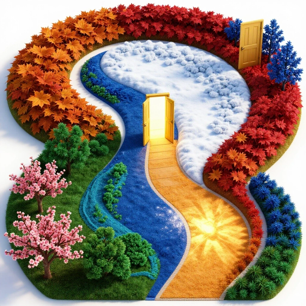 A vivid path marked by four seasonal motifs leading to a glowing open door, on a bright white background.