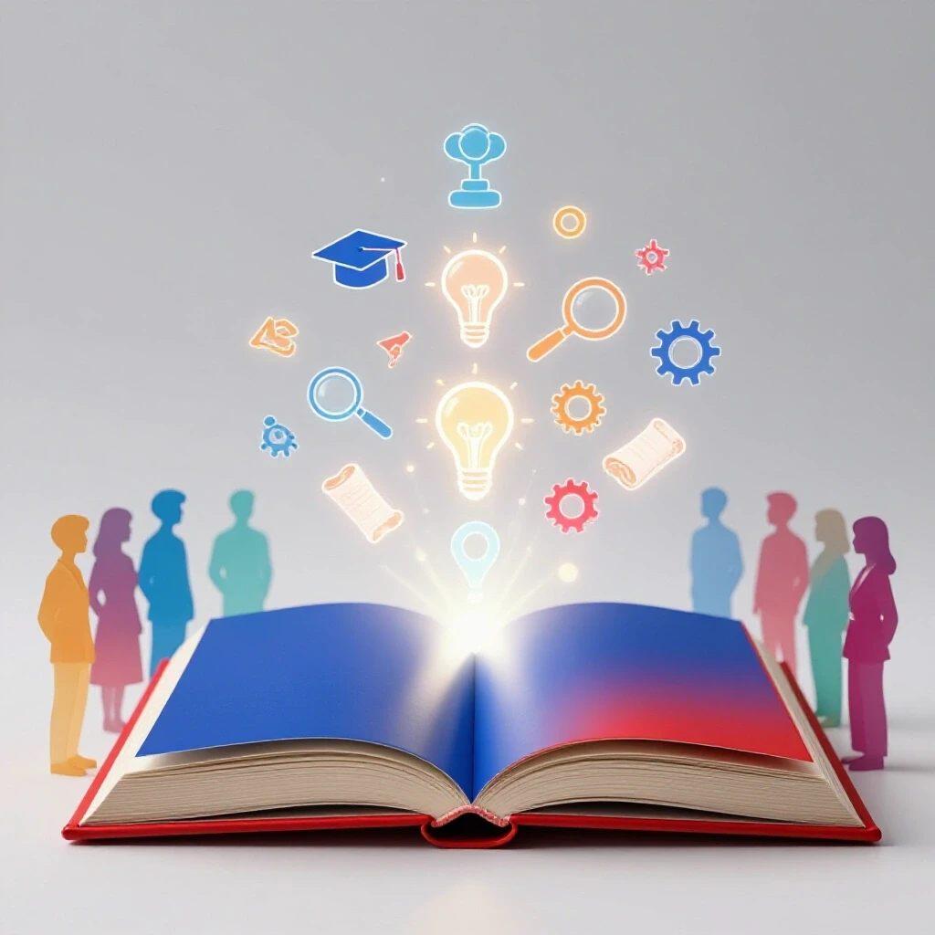 Glossy open book radiating glowing academic symbols, surrounded by colorful student shapes on a bright background.