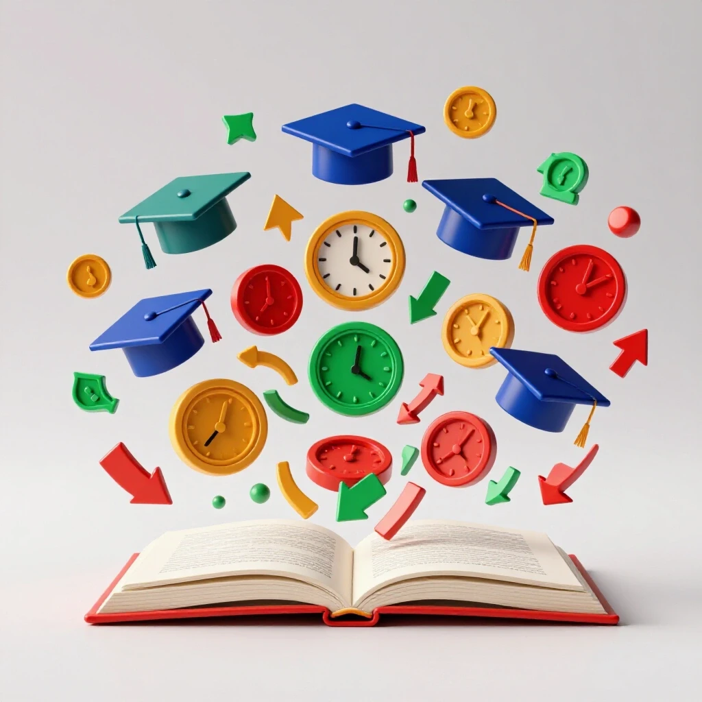 Vibrant academic symbols and books glow and float against a bright white background, highlighting key educational concepts.