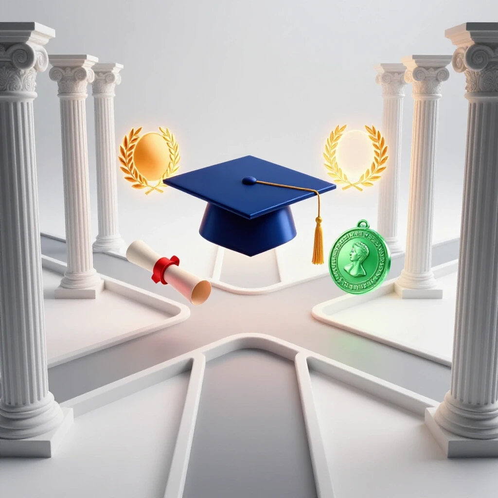Crossroads with glowing academic symbols and classical doorways, paths illuminated in a bright studio setting