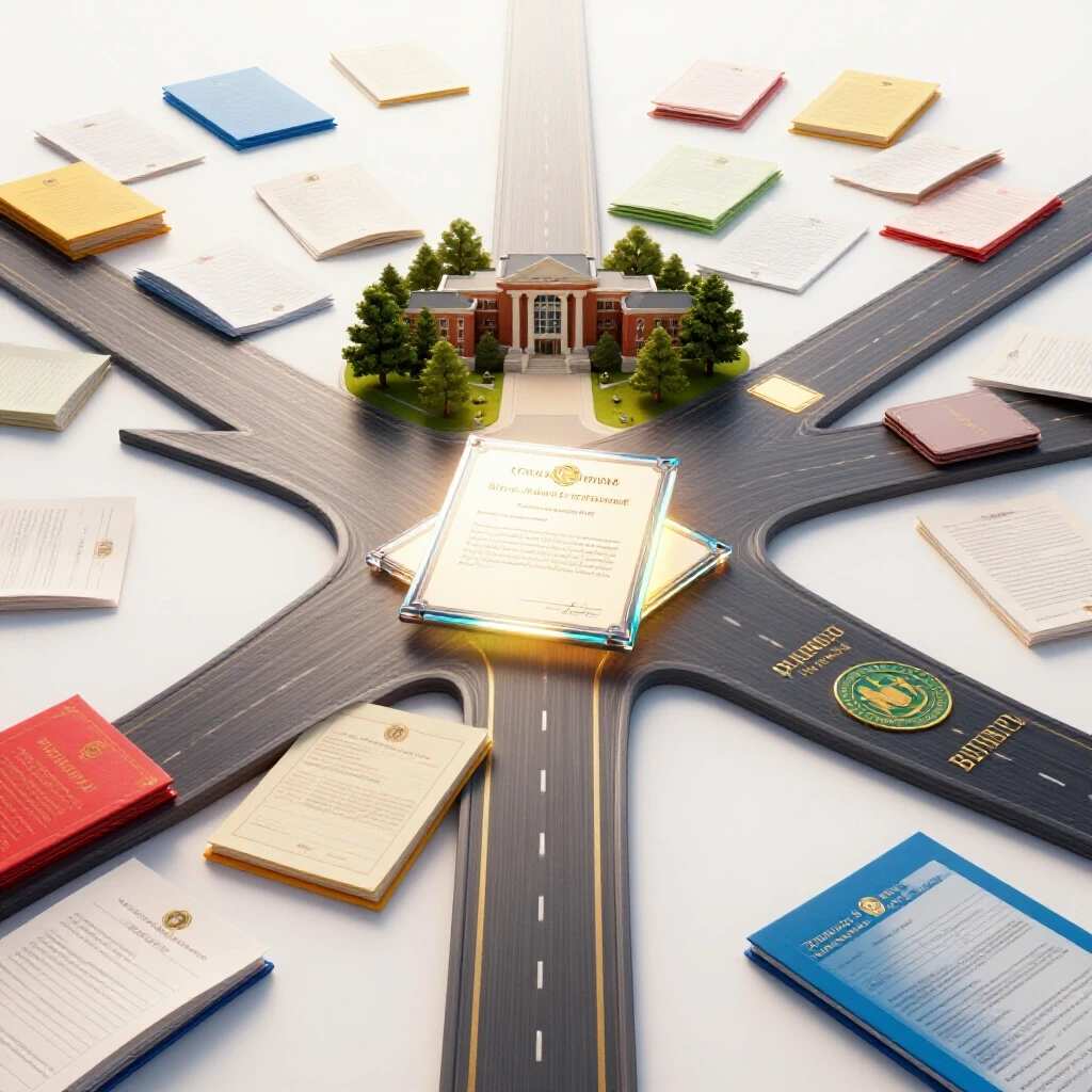 Colorful pathways of documents and certificates converge toward a glowing transcript leading to a university campus.