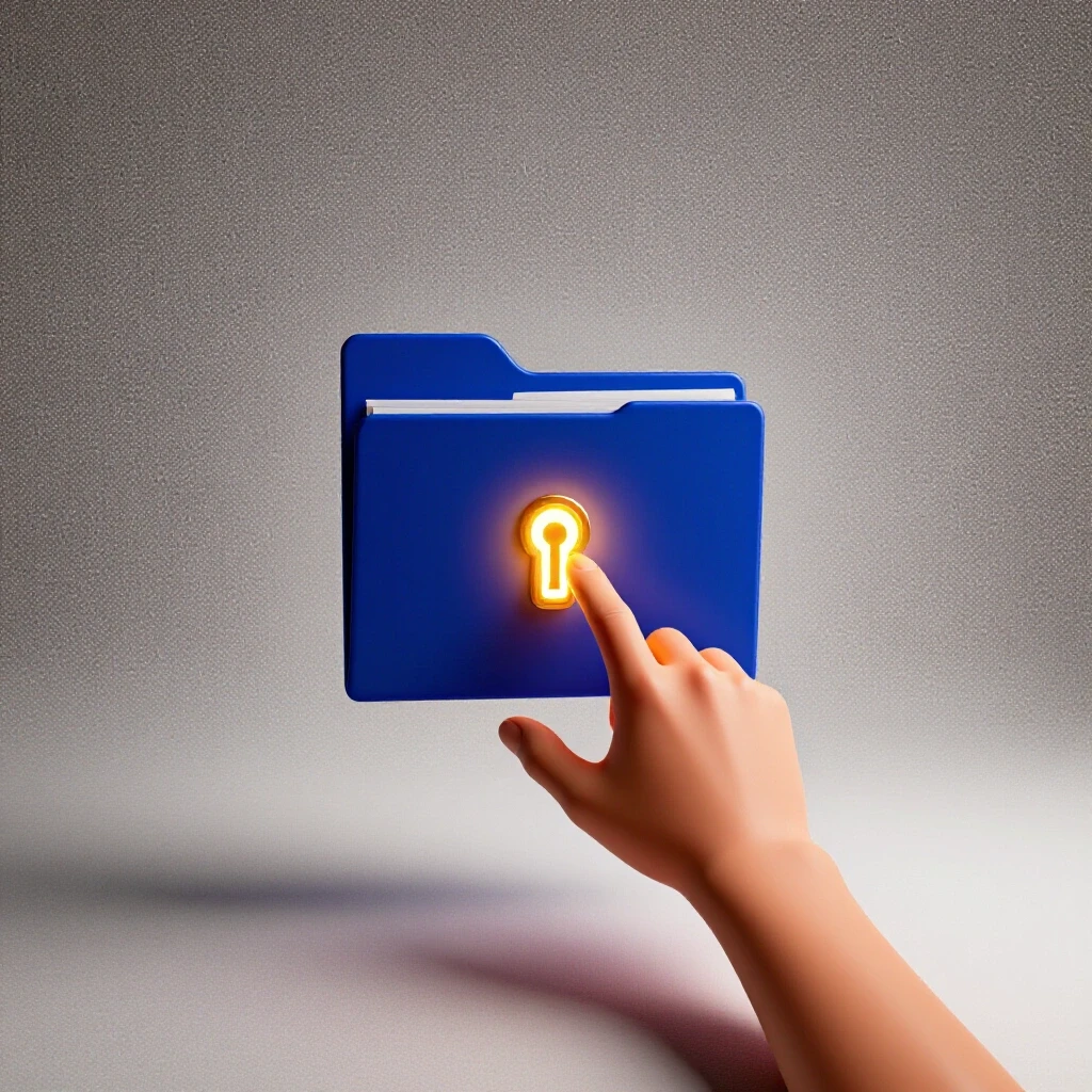 Locked blue file folder with a glowing keyhole and a hand reaching toward it on a bright white background.