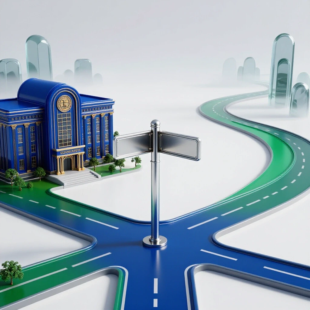A vivid crossroads with a bright academic path and a misty, twisting trail symbolizing choices in academic withdrawal.