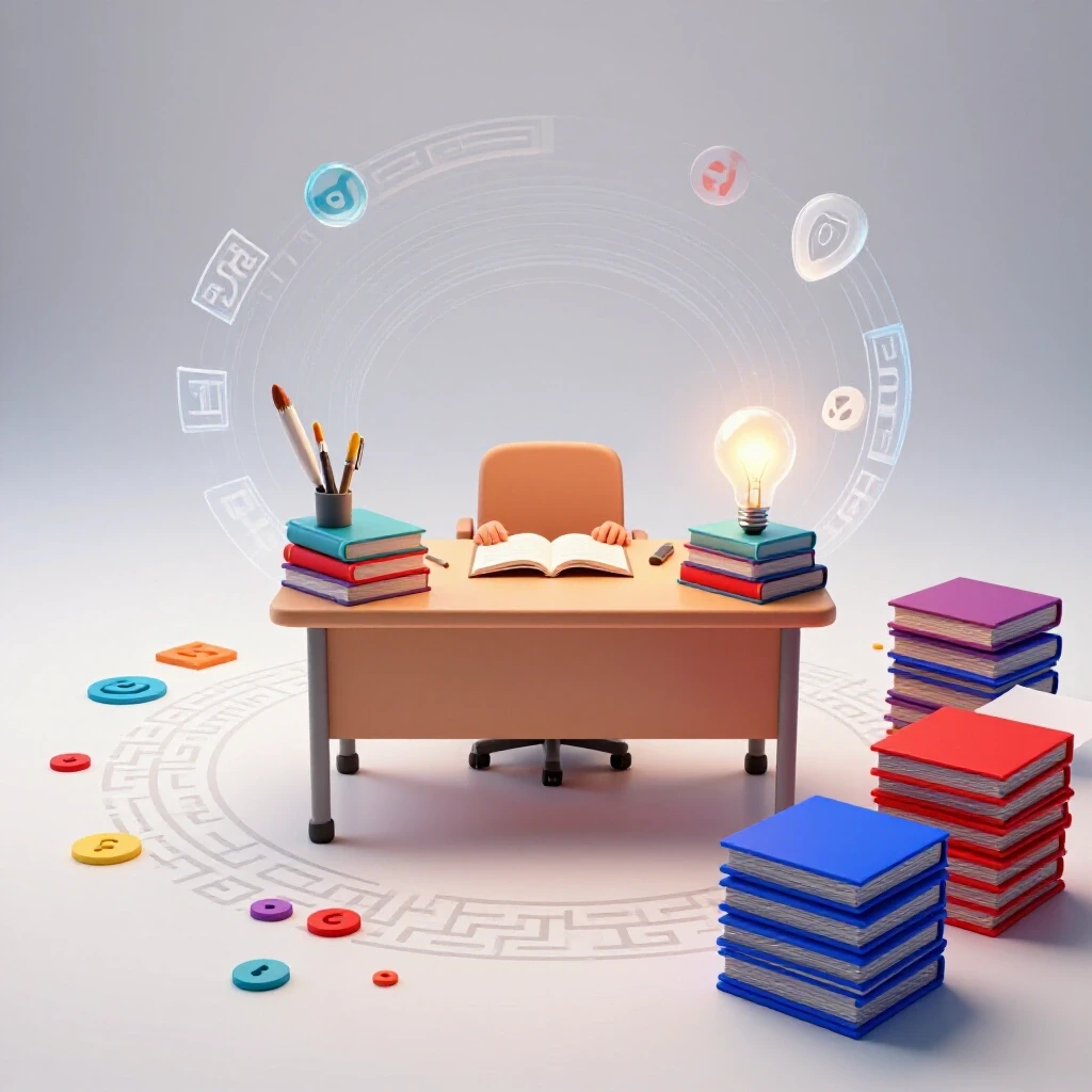 Desk illuminated by focused light beam, vibrant academic symbols swirling above, maze path leading to organized papers