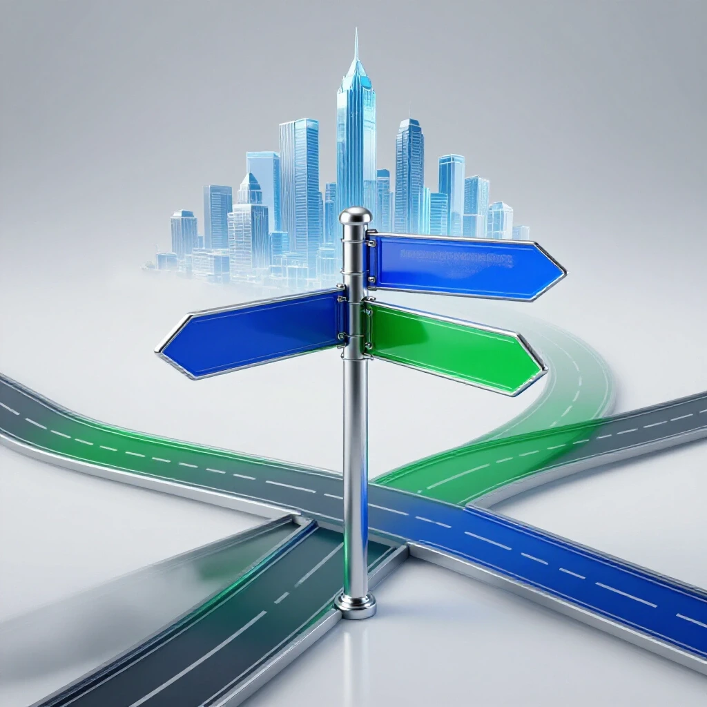 Polished signpost at a road fork, one path leading to a bright city and the other fading into mist