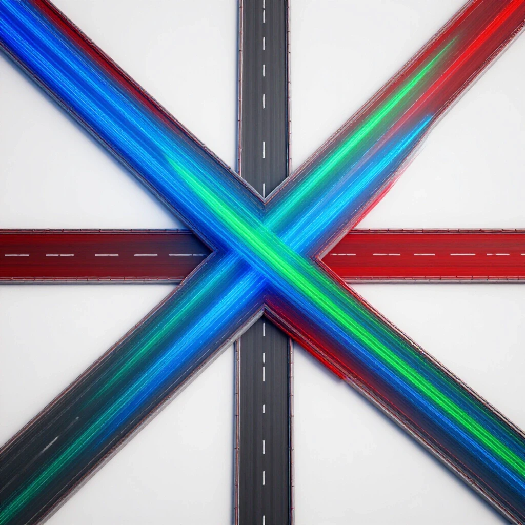 A vibrant crossroads with luminous, fast-moving and traditional paths in bold colors on a bright background.