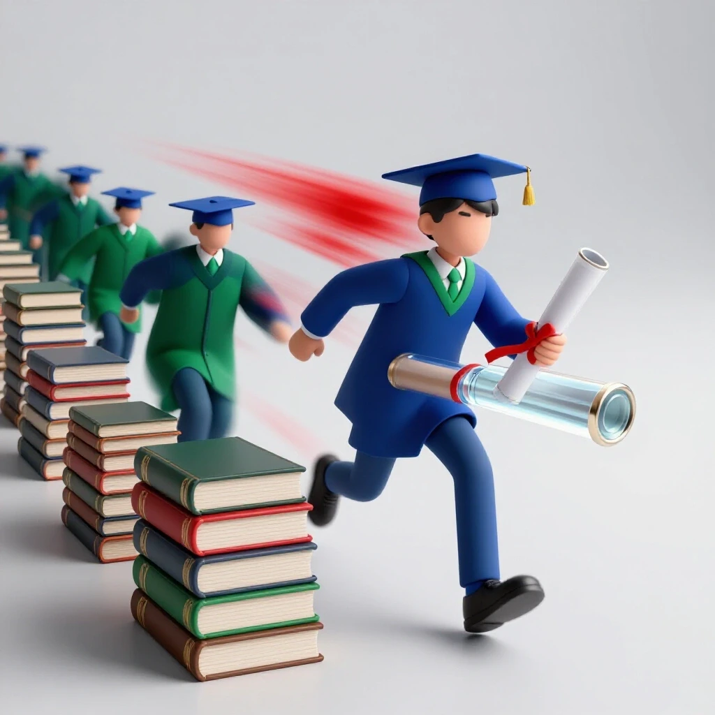 Vivid 3D scene of a fast-moving diploma scroll racing ahead of slow academic books and cap, symbolizing accelerated degrees.