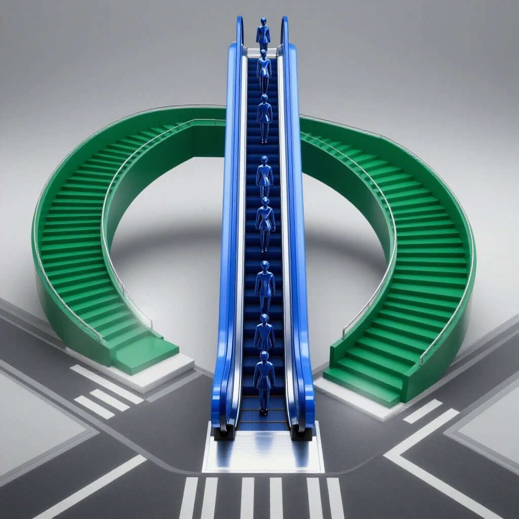 Crossroads with a blue escalator and green staircase under bright lighting symbolizing study pathways.