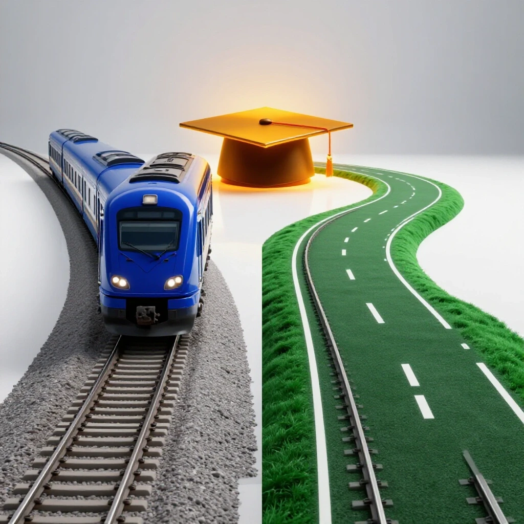 Split scene with a fast royal blue train and a winding green road, both leading to a glowing graduation cap on a bright background.