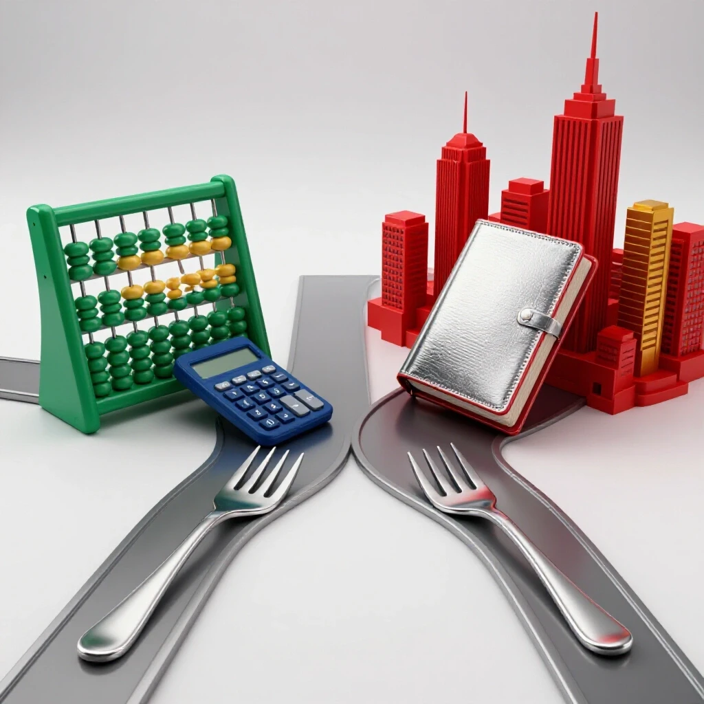 Glossy forked pathway with accounting tools on one side and a vibrant city skyline on the other