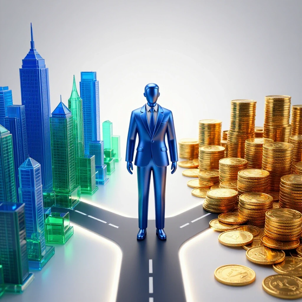 A confident blue professional figure stands at a crossroads with a city skyline on one path and gold coins on the other, both under bright lighting.
