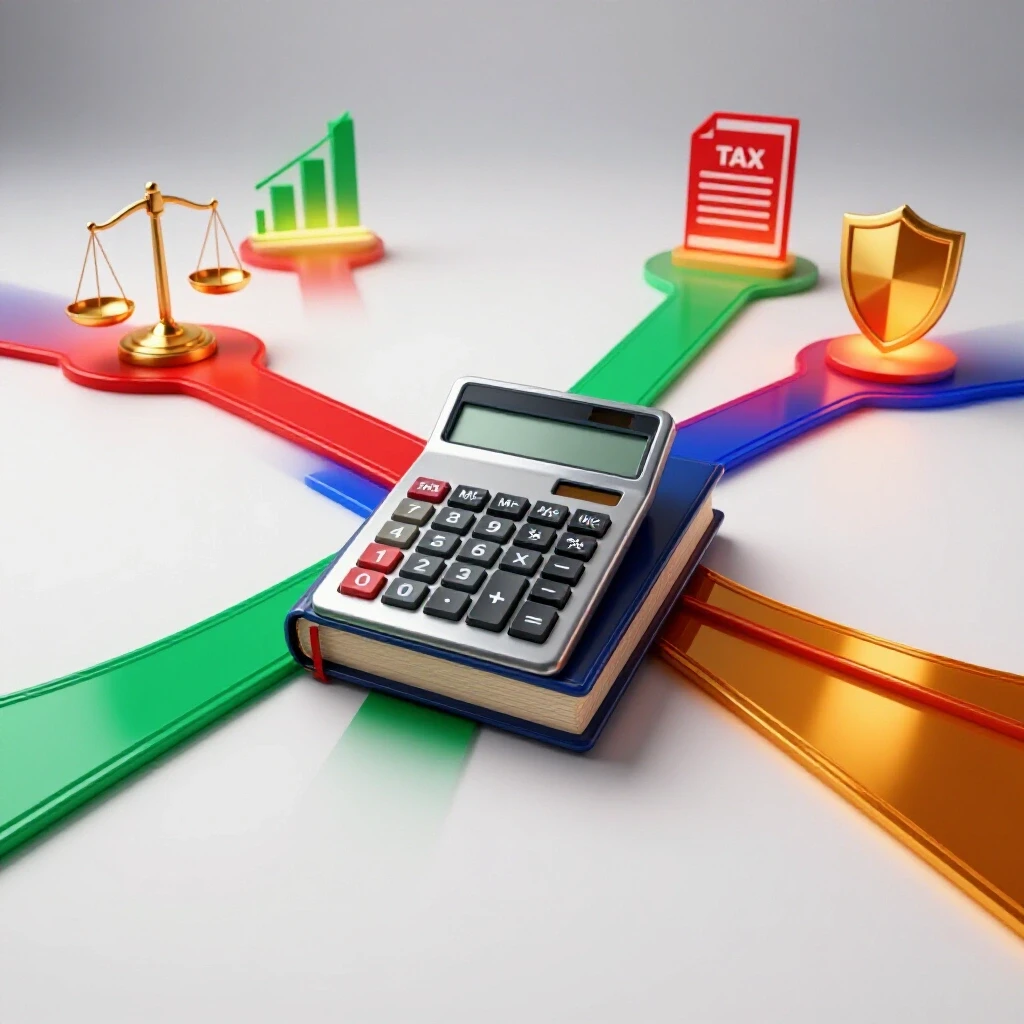 Bright scene with a central ledger and calculator at a crossroads, leading to four colored accounting career paths