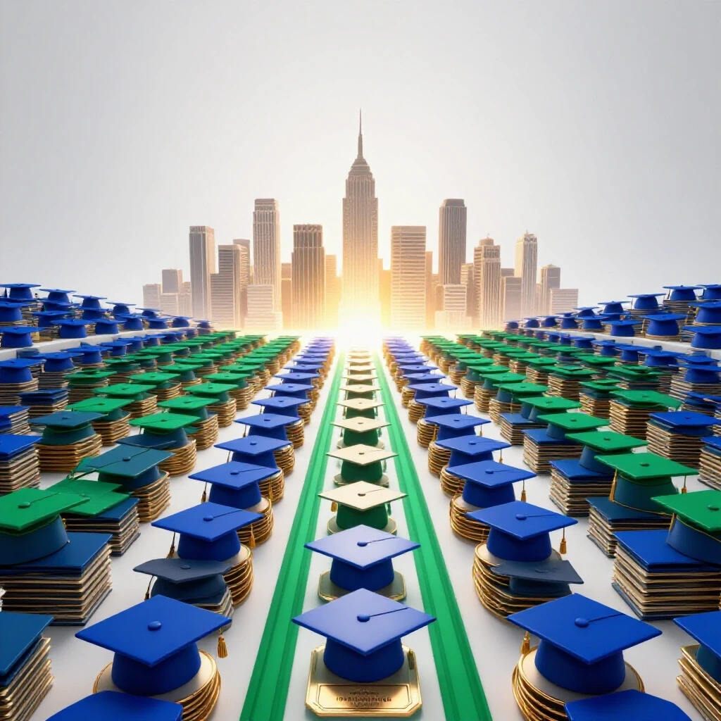 Two vibrant paths of graduation caps and certificates converge toward a glowing city skyline, symbolizing career choices.