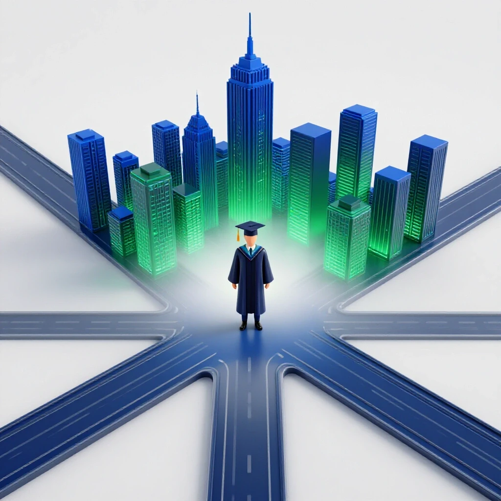 A crossroads with cap and gown at center, one path leading to a vivid city skyline, another fading into fog.