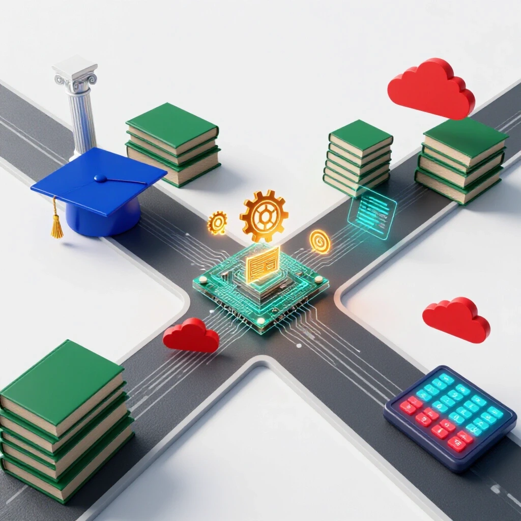 Vivid crossroads with academic symbols on one path, tech icons on the other, bridged by glowing skill symbols