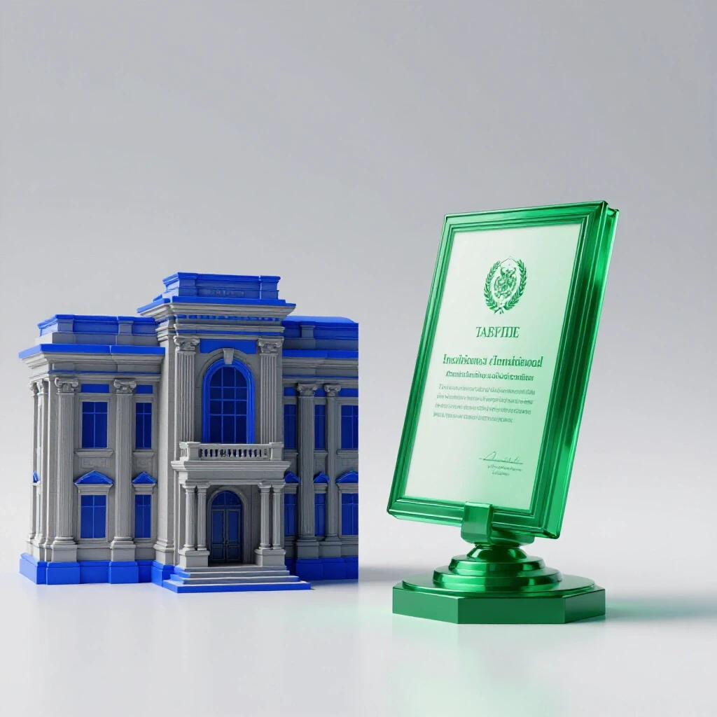 Split scene featuring a grand blue institutional building beside a vibrant green certificate on a bright background.