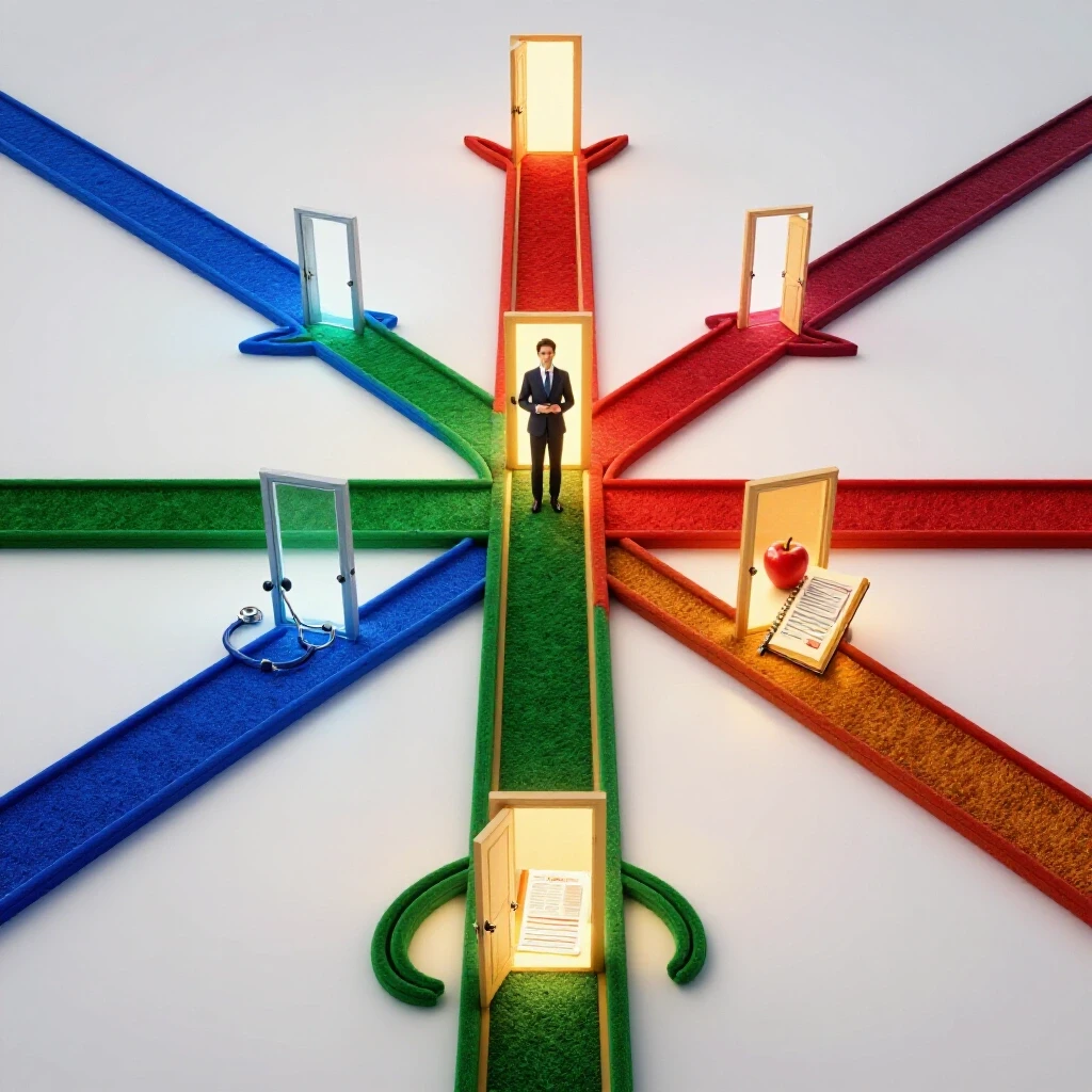 Branching glossy paths with vibrant professional symbols leading to glowing doors on a bright background