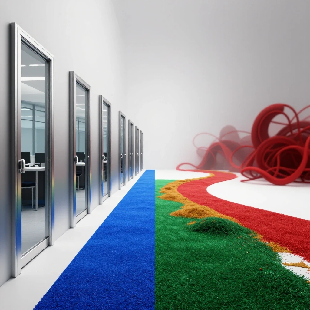 Split scene with a bright, clear pathway leading to professional doors contrasted by a tangled, uncertain path.