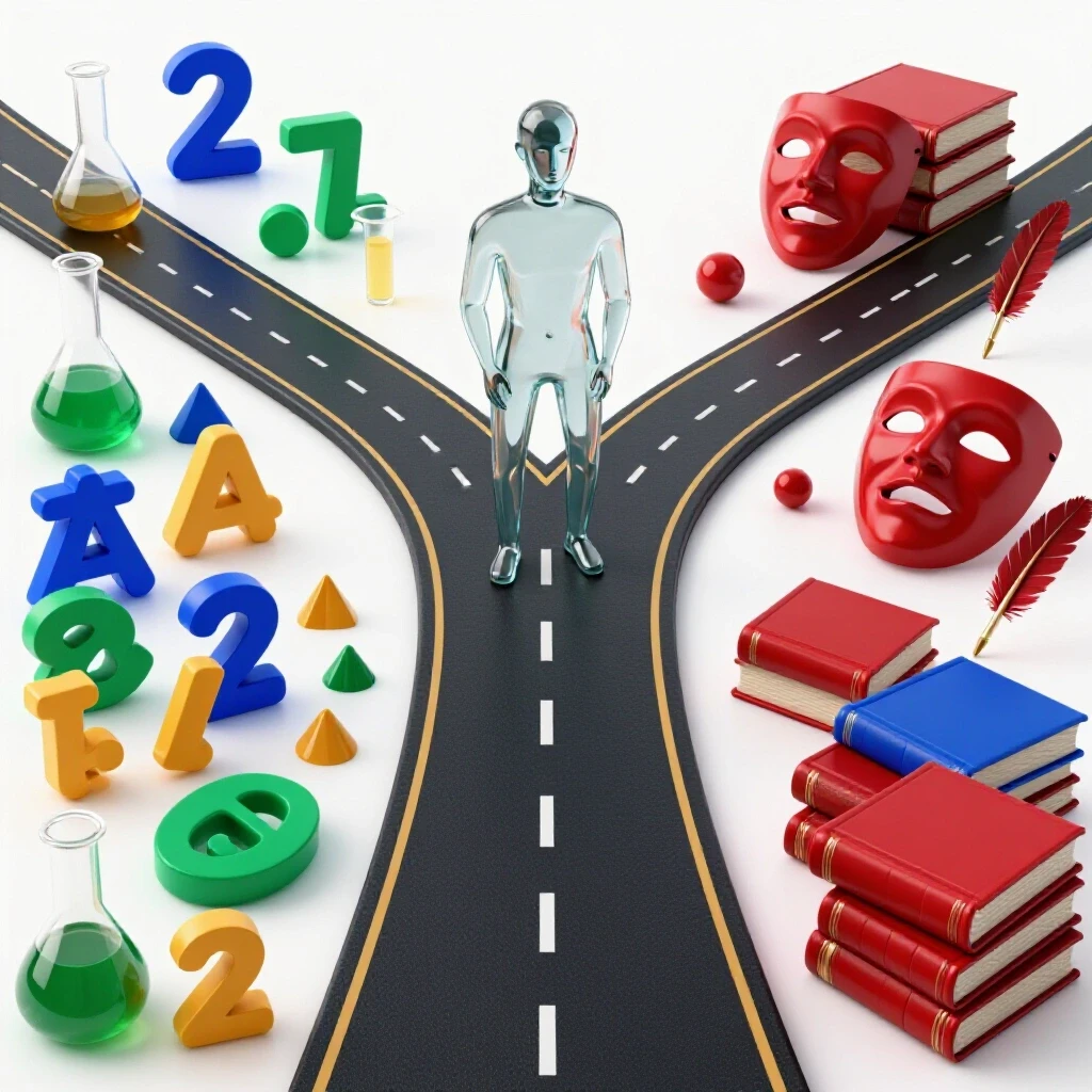 Forked road with science and math symbols on one path and arts icons on the other under bright lighting.