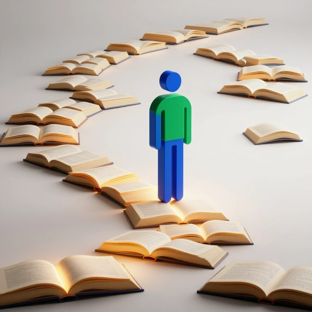Vibrant path of glowing open books winding forward on a bright background, symbolizing academic progress.