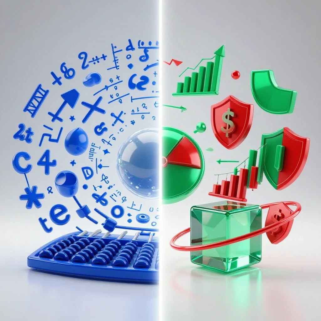 Split scene showing swirling math symbols and graphs on one side, vibrant financial icons and charts on the other, set against a bright background.