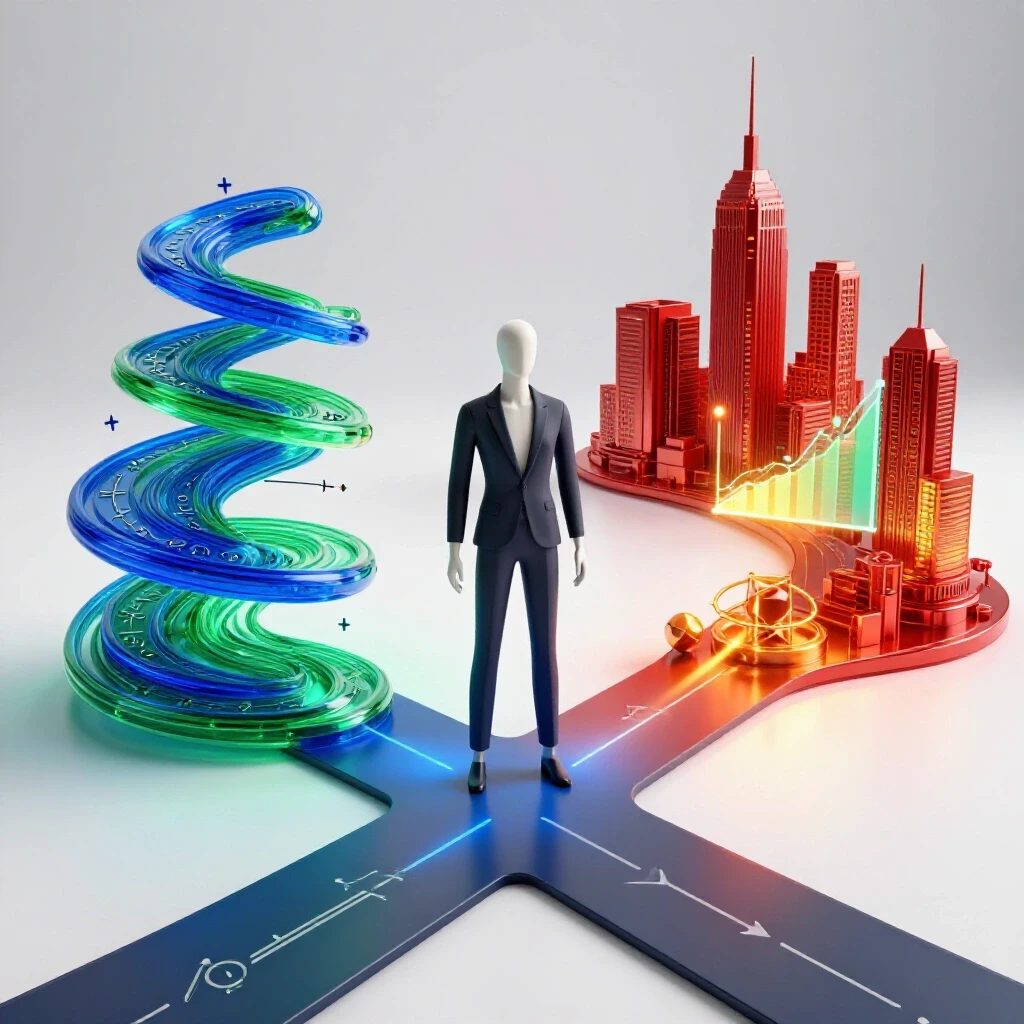 A stylized figure stands at a crossroads between swirling math formulas and a futuristic city skyline, connected by beams of light to 3D graphs and equations.