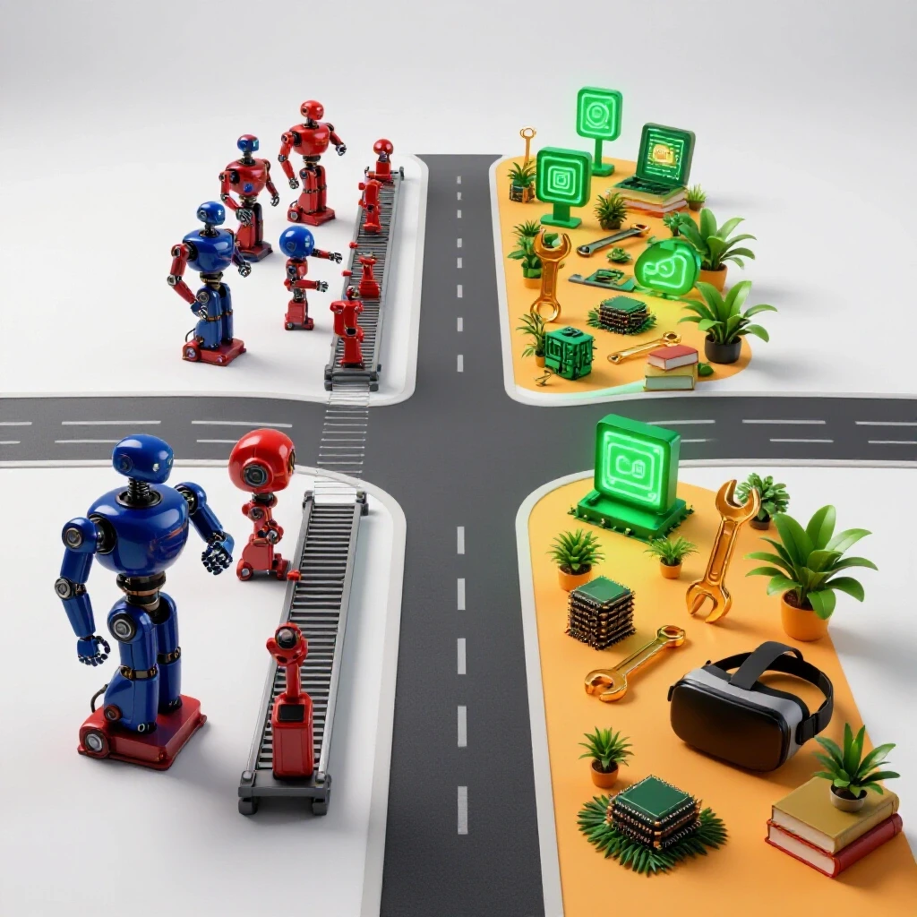 A crossroads with a fading robot assembly line on one side and a vibrant path of career tools and tech symbols on the other