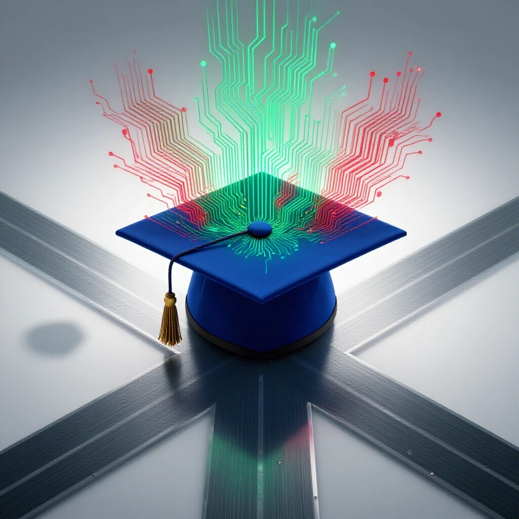 A graduation cap at a crossroads morphs into vibrant digital circuitry, symbolizing adapting a degree for the AI era.