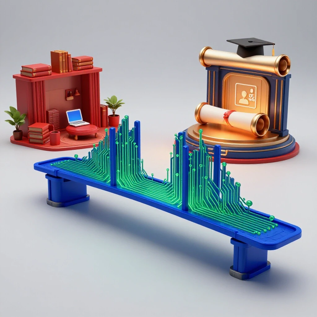 A digital bridge of glowing circuit lines connects a home study area to a futuristic graduation stage on a bright background.