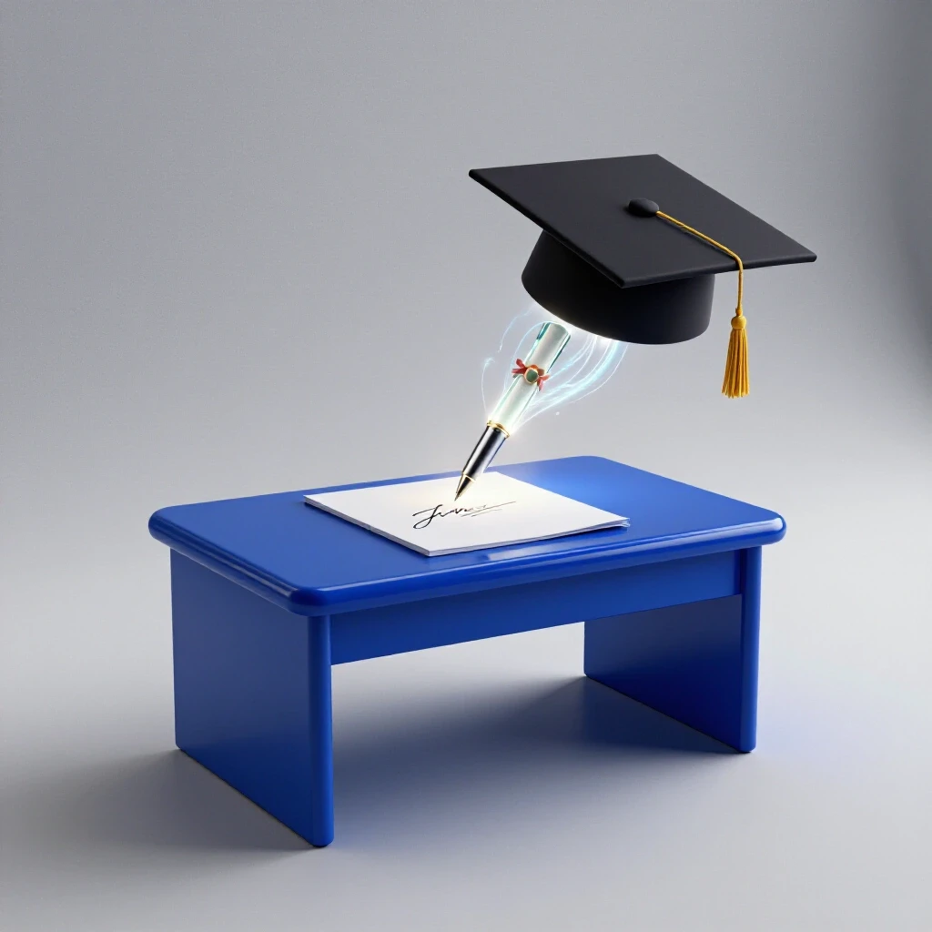 A glowing signature transforms into a diploma and graduation cap atop a royal blue desk with a metallic pen.