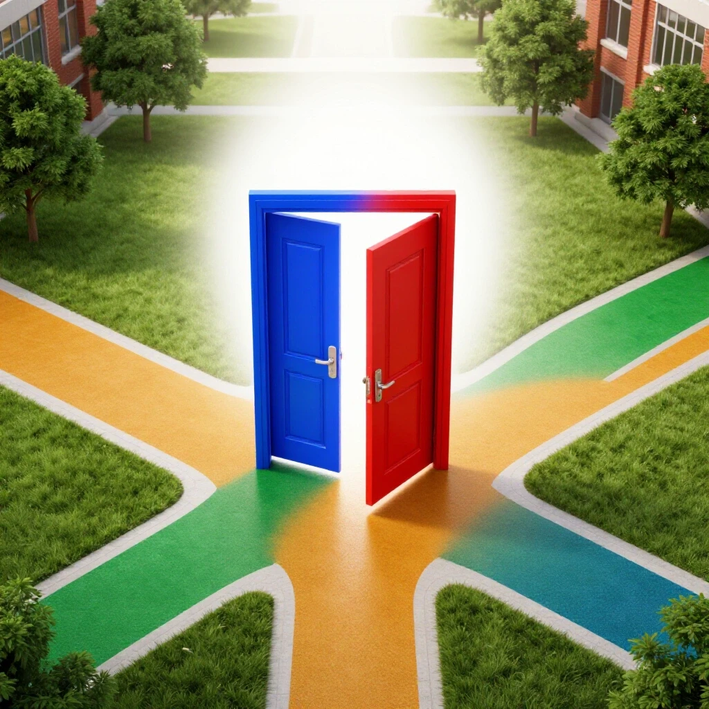 Two contrasting doors at a crossroads on a campus, one open and vibrant, the other fading into the bright background