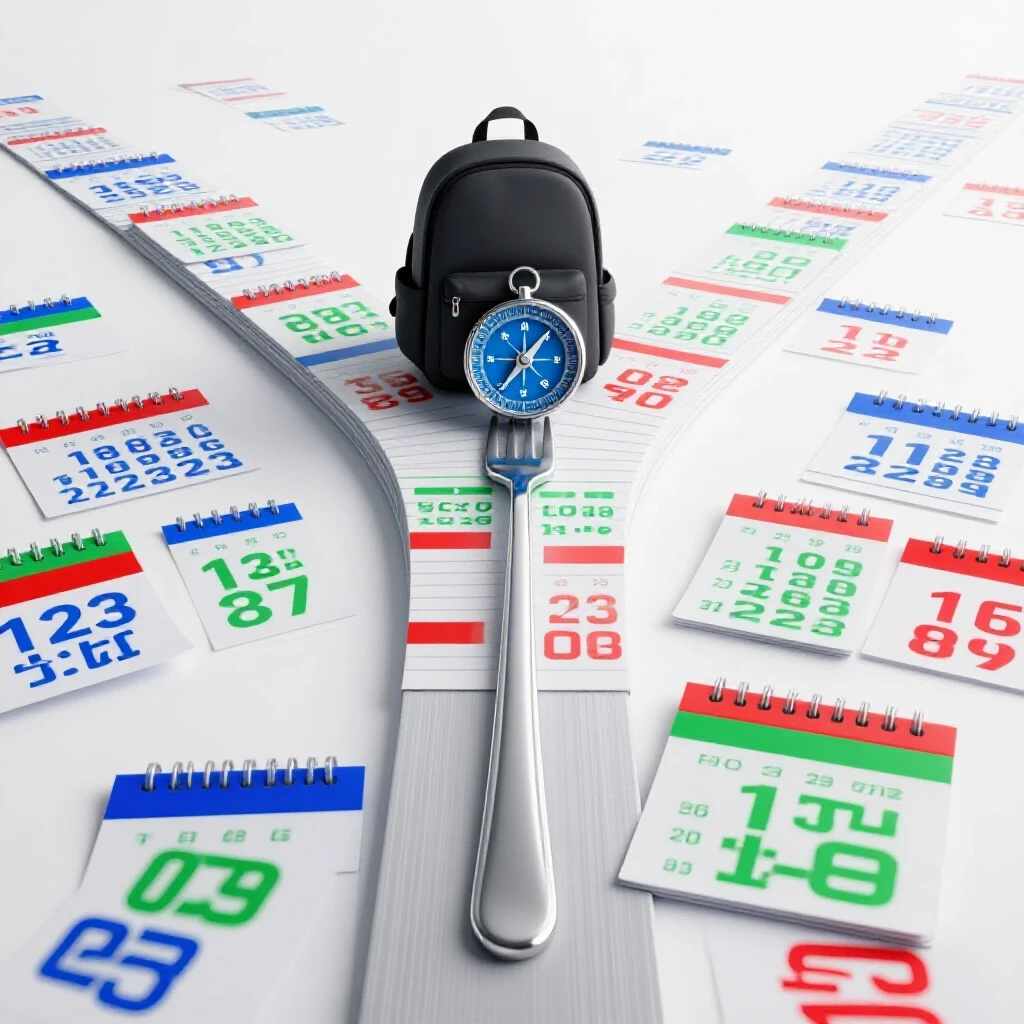 Forked path lined with colorful calendar pages, backpack and compass centered at the junction, one path fading away.