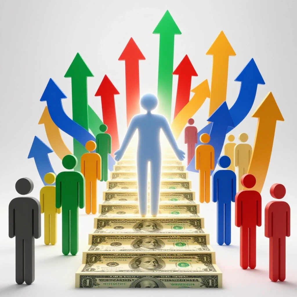 Abstract counselor symbol guides diverse figures up glowing staircase of dollar bills with upward arrows in the background.