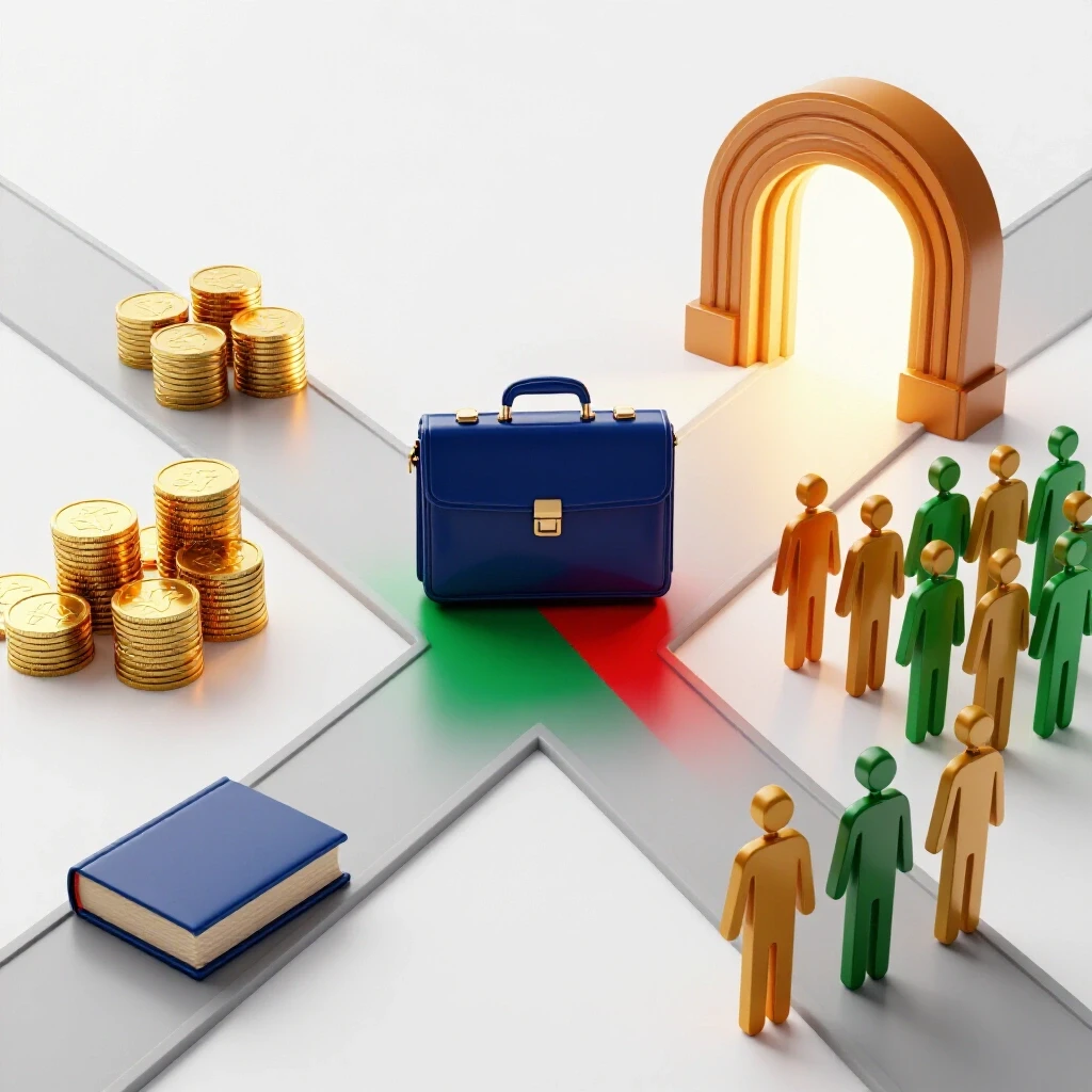 A crossroads with a business briefcase at the center, flanked by coin stacks and a lecture hall entrance, symbolizing adjunct faculty options.