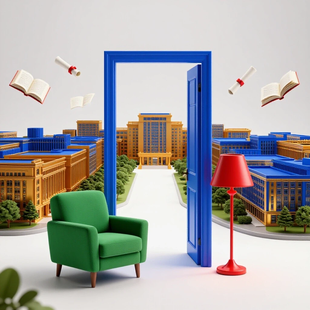 A colorful threshold with home furnishings on one side and a vibrant university campus beyond, symbolizing transition.