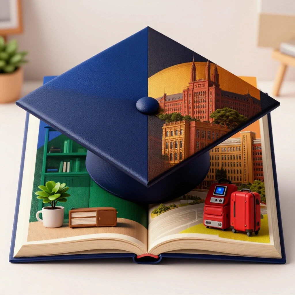 A split scene of an open book in the center, half in a cozy home setting and half in a bold, modern campus.