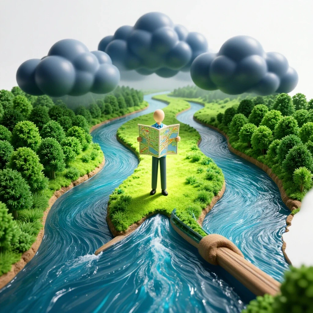 A student figure holding a map at a forked river, choosing a sunlit path while stormy skies contrast behind.