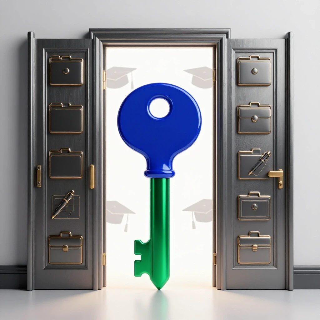 Large ornate office door with key unlocking it, academic caps fading in the lit background, symbolizing opportunity.