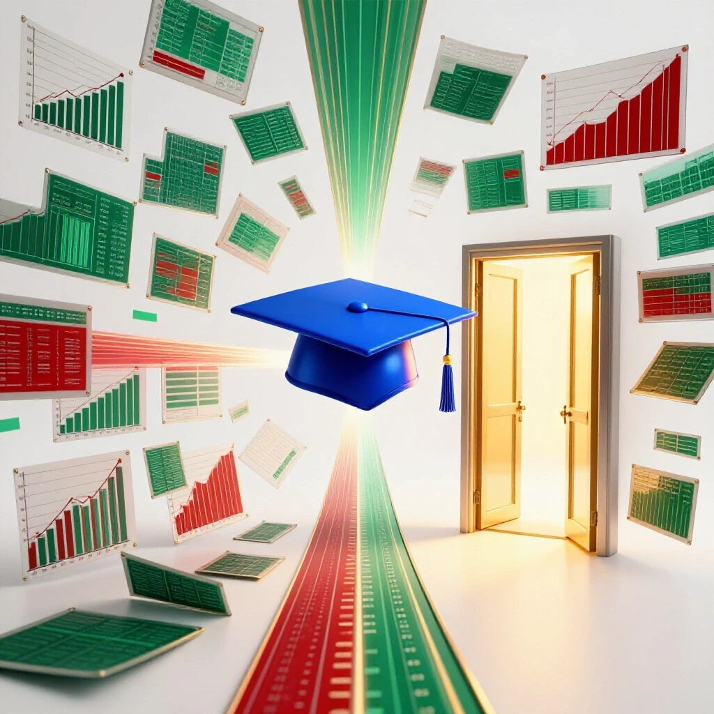 A central graduation cap bridges between vibrant data charts and a glowing university door, with illuminated pathways connecting them.