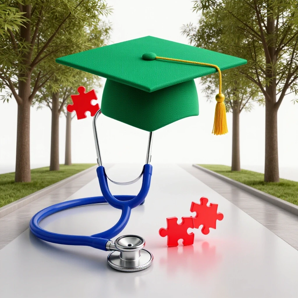 A stethoscope morphing into a graduation cap above an open pathway with puzzle pieces, symbolizing the journey from nursing education to career.
