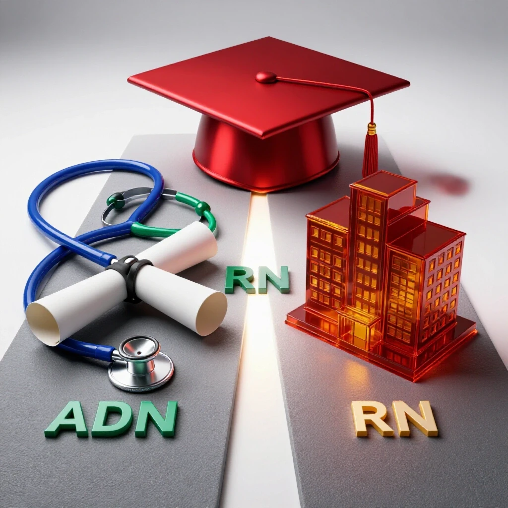 Split scene showing a diploma and stethoscope on one path, graduation cap and hospital on another, symbolizing nursing education choices.