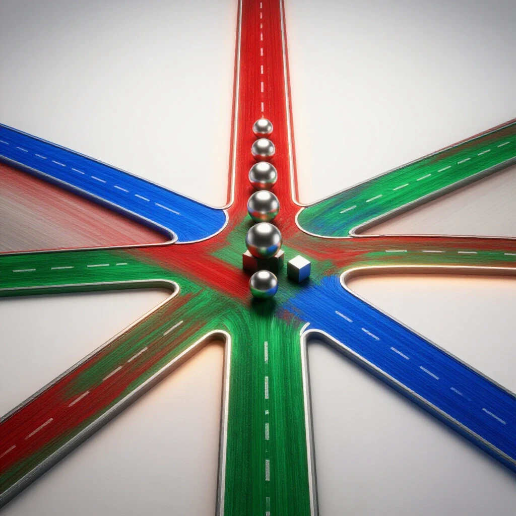 Symbolic crossroads with diverging blue, green, and red paths among geometric objects representing adult educational choices
