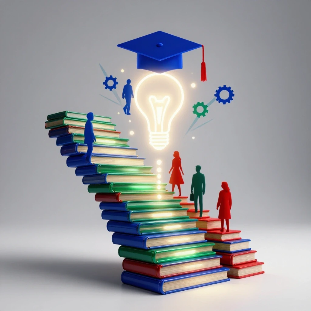 A luminous staircase of colorful books blends into knowledge symbols, with abstract figures ascending toward branching career paths.
