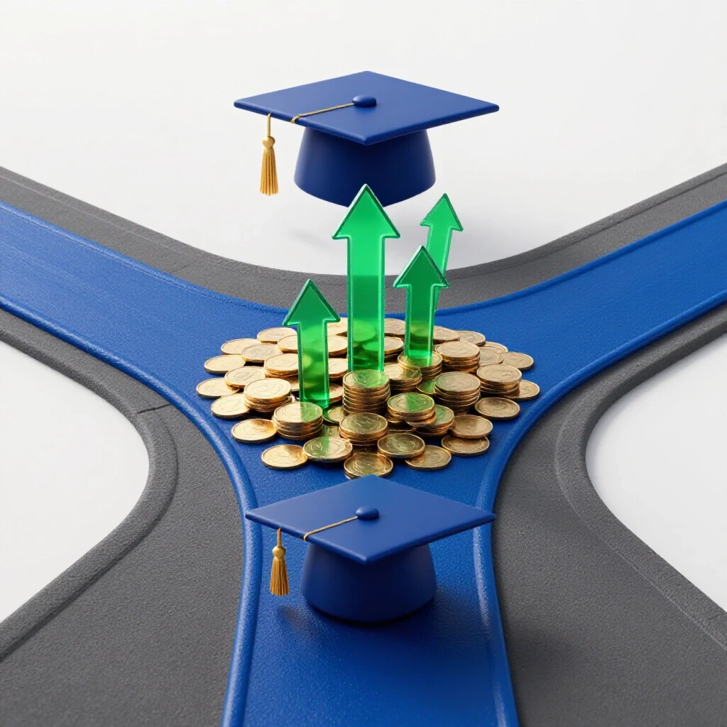 A crossroads scene with a graduation cap path leading to glowing coins and growth arrows, the other path fading into uncertainty.