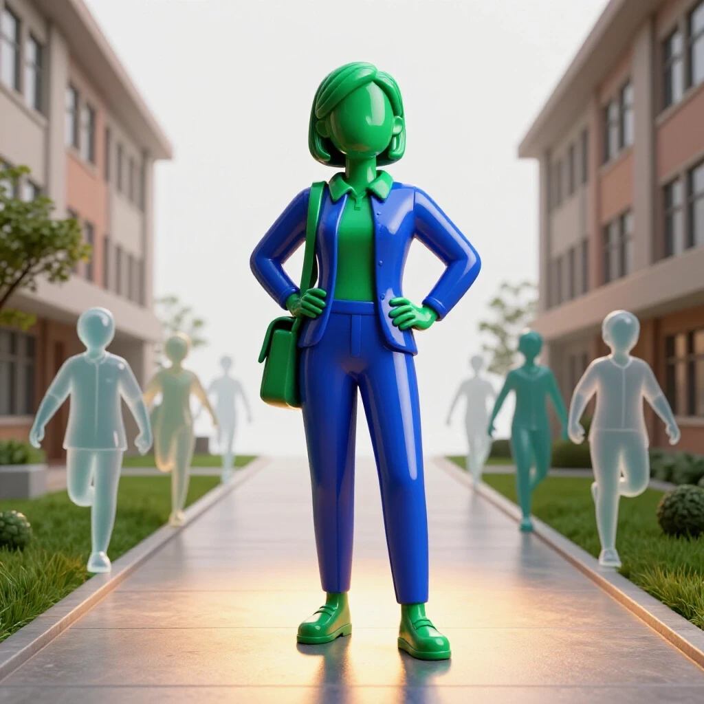 Confident adult student stands illuminated at the center of a modern campus pathway with younger students in motion behind.