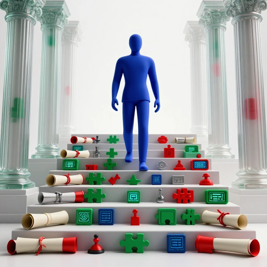 Abstract figure climbs a staircase of educational symbols toward fading academic pillars on a bright background.