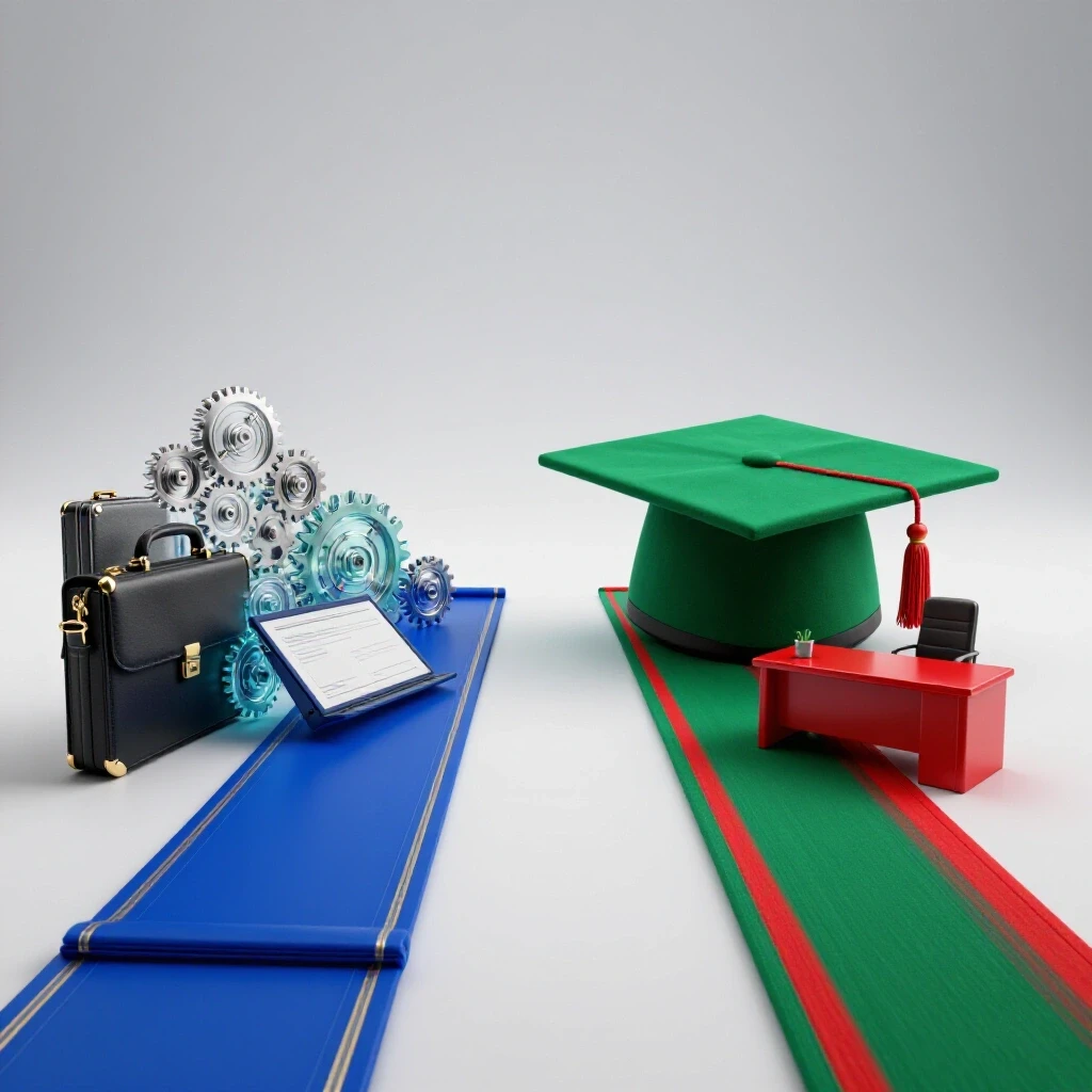 Split scene with a vibrant certificate transforming into career tools on one side and a graduation cap blending into a professional office on the other, set on a bright illuminated background.