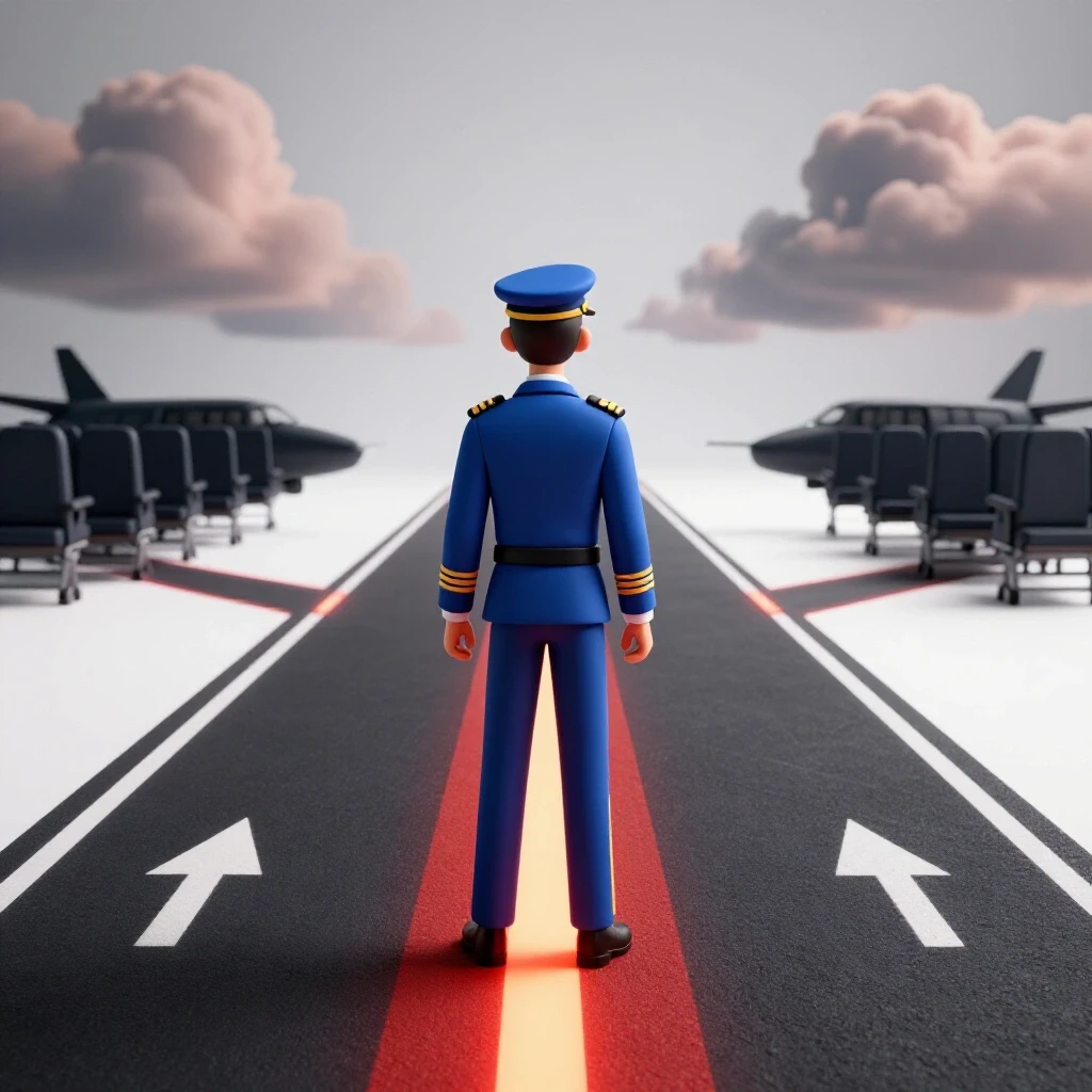 Confident pilot standing at a glowing split runway with dramatic skies, empty seats, and aircraft silhouettes.