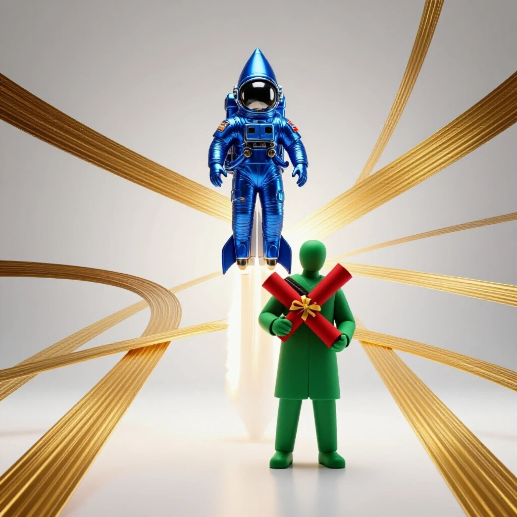 Astronaut launching upward on a rocket beside a weighed-down graduate holding a large diploma, set amid intersecting trajectory paths.