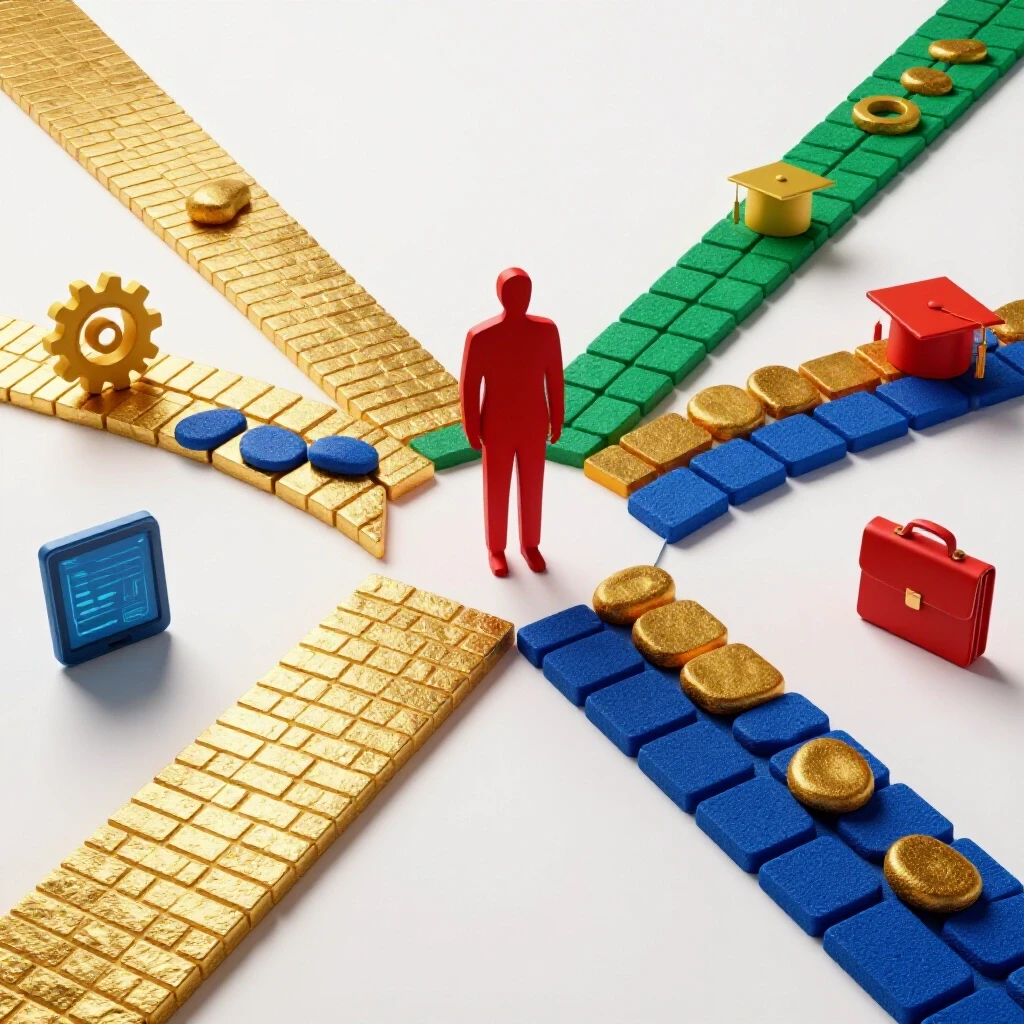 A crossroads with one gold-paved path and one stepping stone path leading to various career symbols, centered in bright studio light.